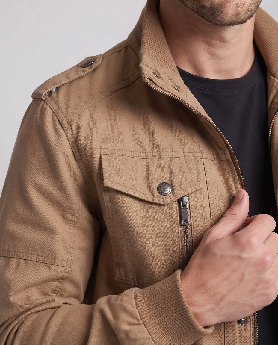 Men's Canvas Field Jacket in Military Look with Stand-up Collar, Epaulettes and Chest Flap Pockets Shop Velvia