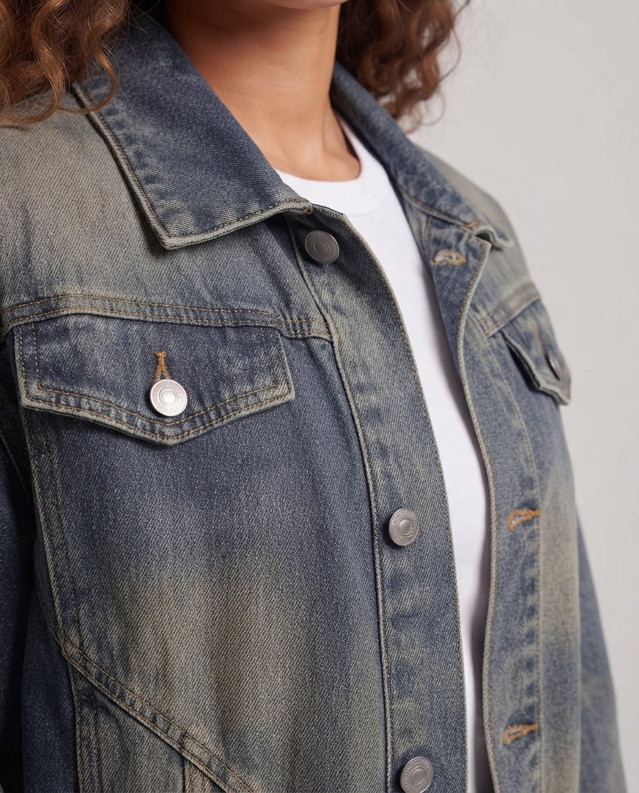 Women's oversized denim jacket with elastic hem, balloon sleeves & Shop Velvia shaping seams Shop Velvia