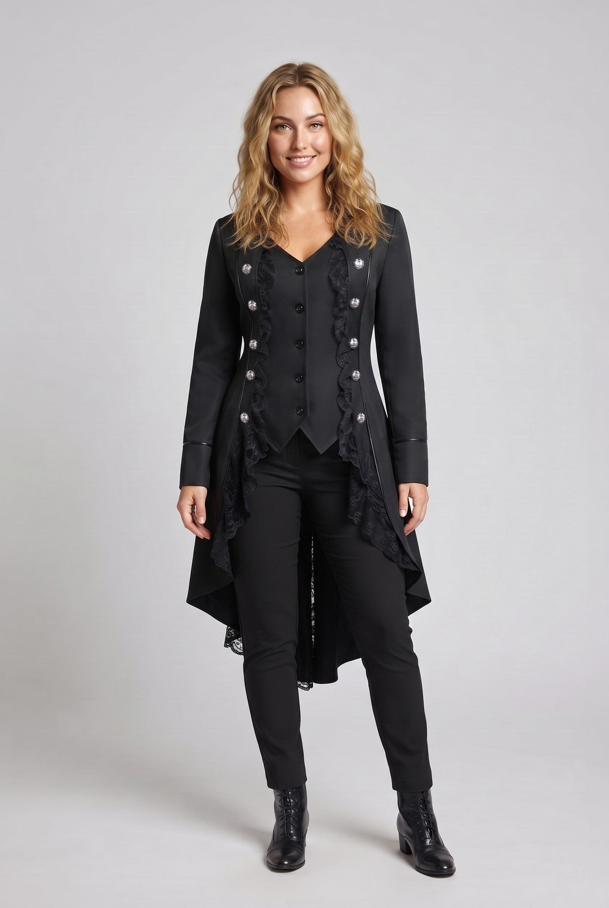 Women's elegant tailcoat with lace accents and decorative button placket Shop Velvia