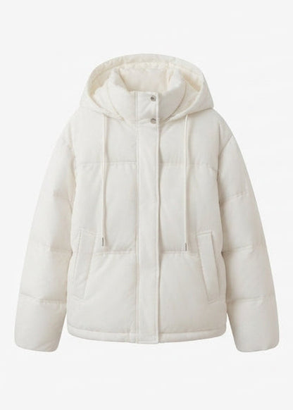 Women's short quilted hooded blouse with teddy inner collar, concealed two-way zipper, and adjustable hem