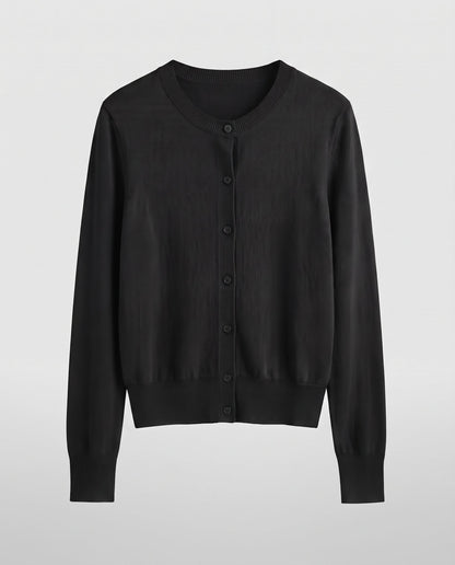 Women's lightweight fine-knit cardigan with round neckline, slim silhouette, and extra-long cuffs Shop Velvia
