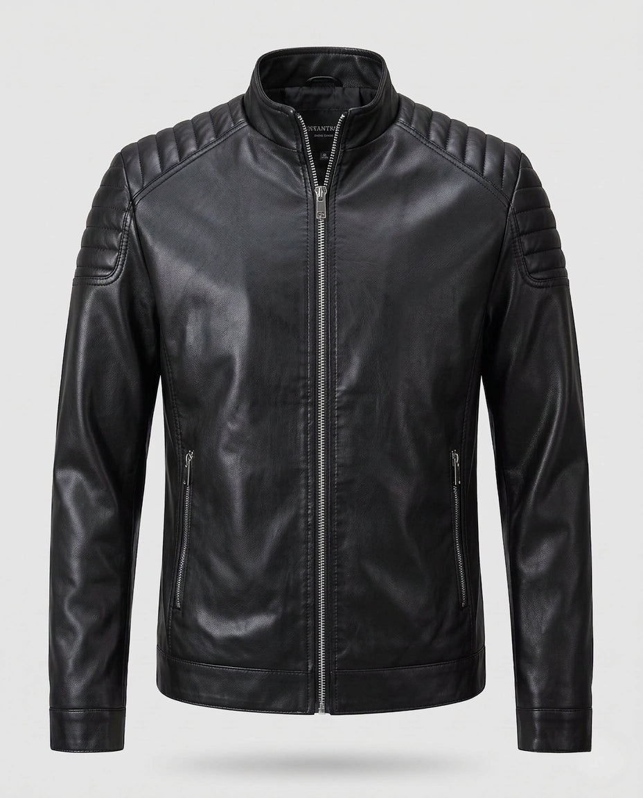 Men's Fitted Leather Look Motorcycle Jacket with Vertical Zipper and Padded Shoulder Panels Shop Velvia