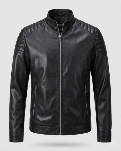 Men's Fitted Leather Look Motorcycle Jacket with Vertical Zipper and Padded Shoulder Panels Shop Velvia
