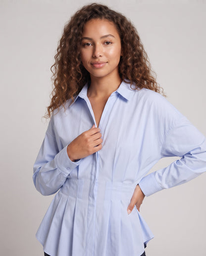Women's Tailored Blouse with Pleats, V-Neck and Peplum