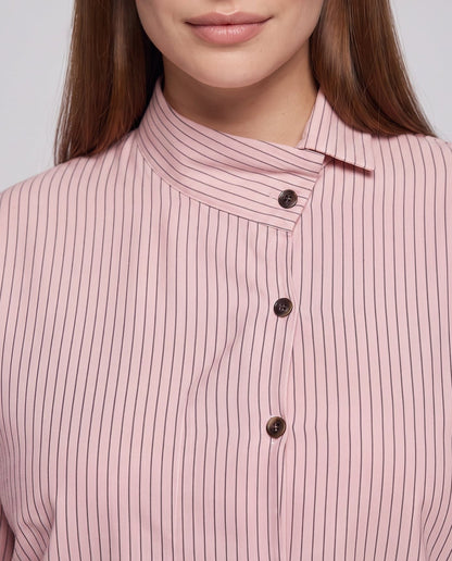 Women Oversized Shirt Blouse with Stand-Up Collar and Fine Pinstripes Shop Velvia
