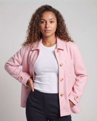 Women Boxy Transition Jacket with Houndstooth Pattern, Patch Pockets and Wooden Buttons Shop Velvia