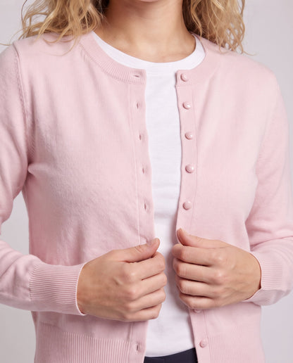 Women’s fine knit round neck cardigan with hidden buttons and ribbed hem Shop Velvia