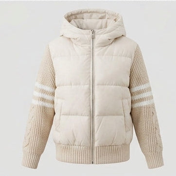Ladies nan hybrid quilted jacket with padded front, knitted sleeves and hood