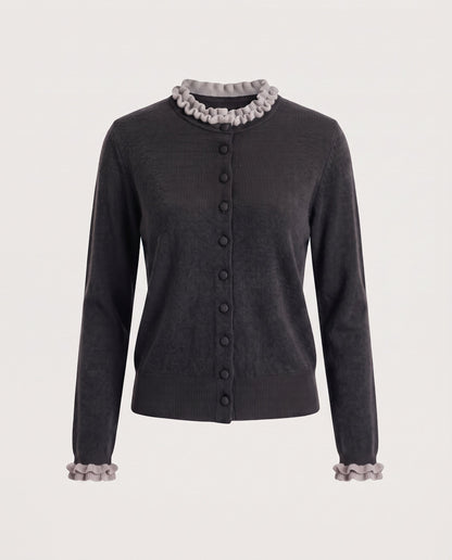 Women Short-Cut Fine Knit Cardigan with Ruffled Collar and Concealed Button Placket Shop Velvia