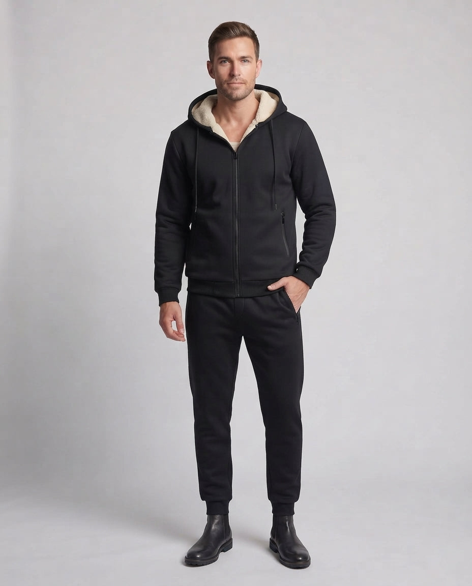 Men's Two-Piece Teddy-Lined Casual Training Set with Hooded Zip Jacket & Tapered Sweatpants Shop Velvia