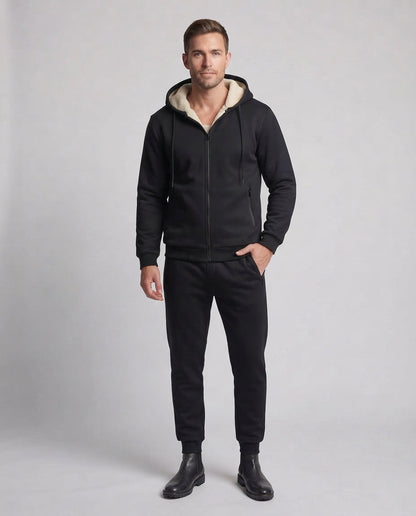 Men's Two-Piece Teddy-Lined Casual Training Set with Hooded Zip Jacket & Tapered Sweatpants Shop Velvia