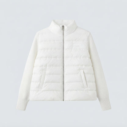 Women's short-cut hybrid quilted cardigan with quilted front, knitted sleeves and high stand-up collar