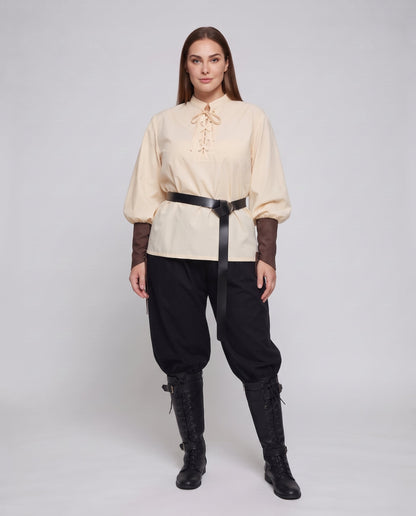 Women historical costume set with elegant laced blouse and wide pants Shop Velvia