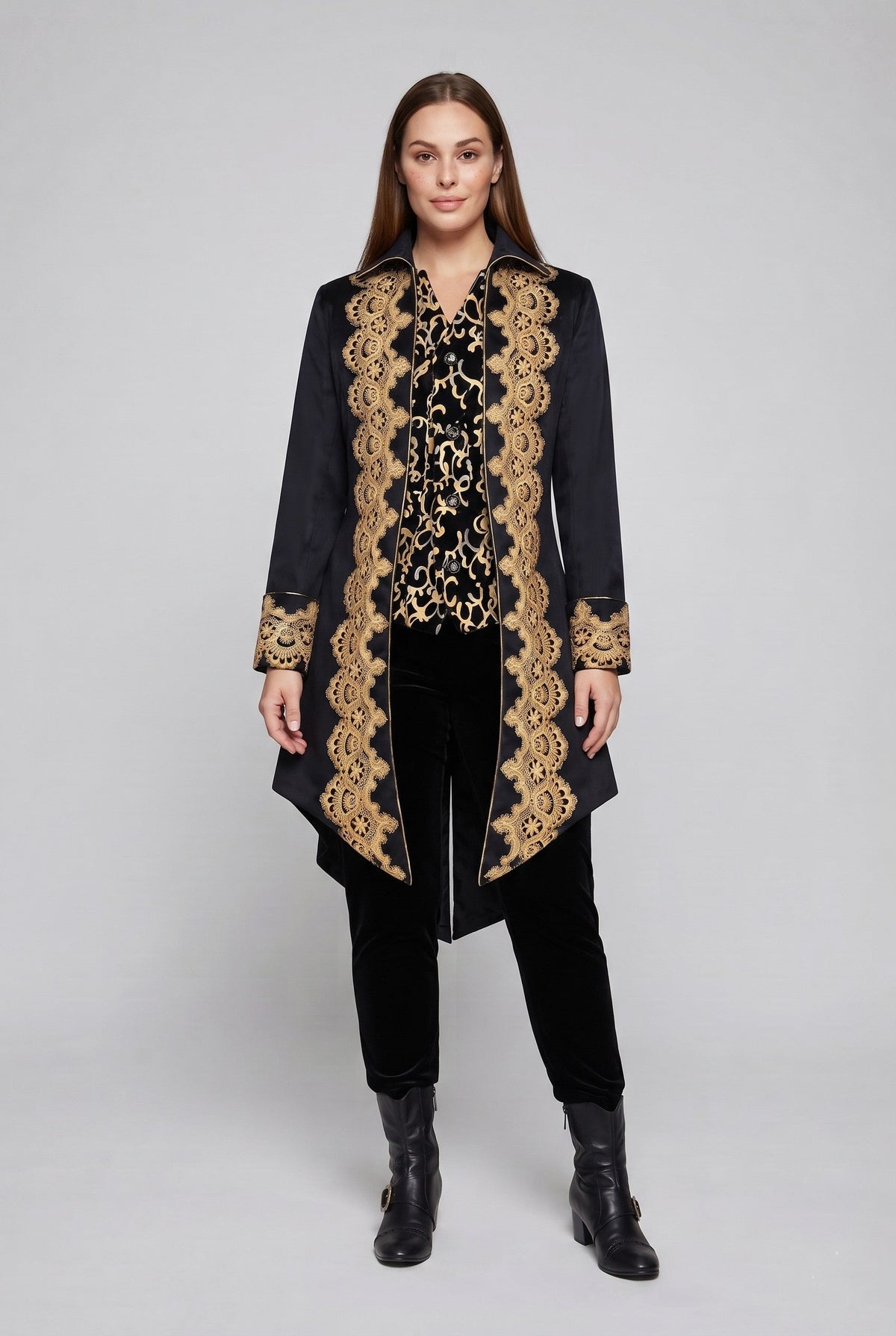 Women's elegant tailcoat with fine gold embroidery and asymmetrical hem Shop Velvia