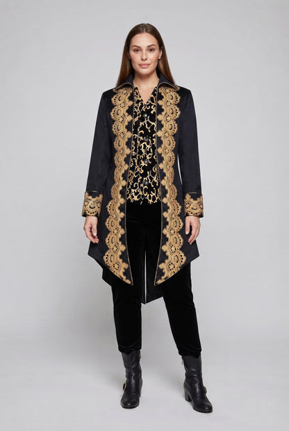 Women's elegant tailcoat with fine gold embroidery and asymmetrical hem Shop Velvia