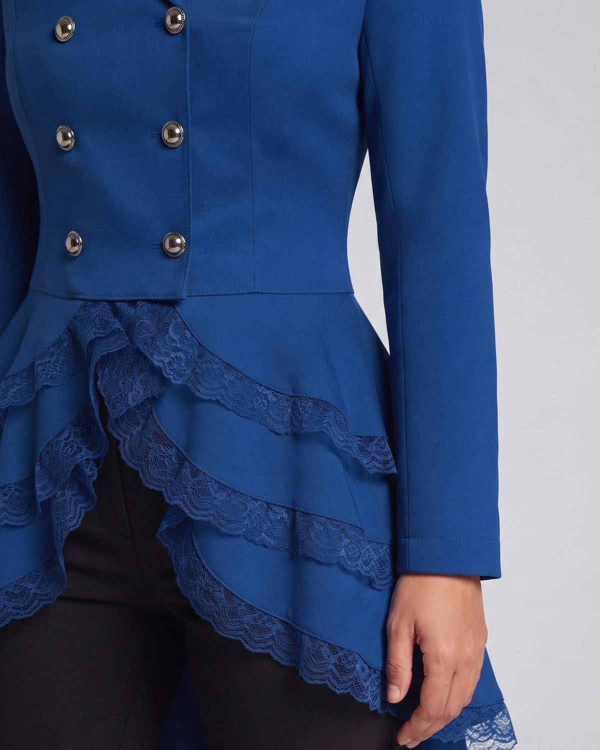 Women Elegant Ruffle Jacket with Deep V-Neck and Double Buttoned Front Shop Velvia