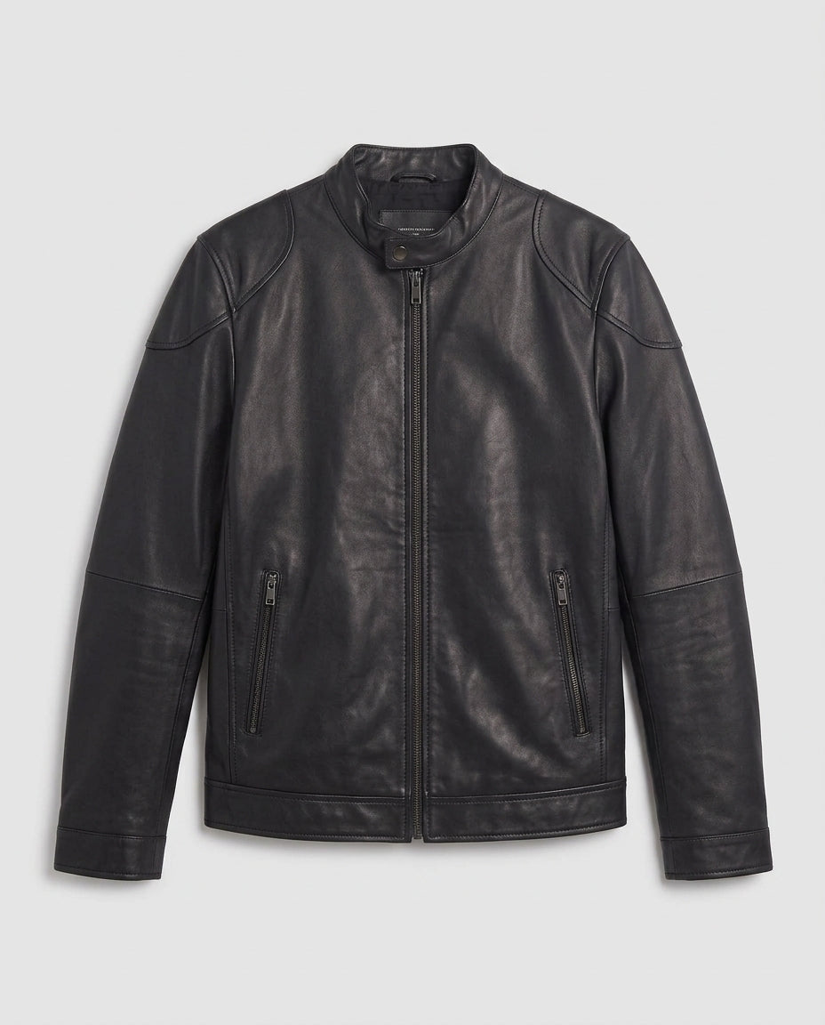 Men's Tailored Faux Leather Jacket in Biker Blouson Style with Stand Collar and Zipper Shop Velvia