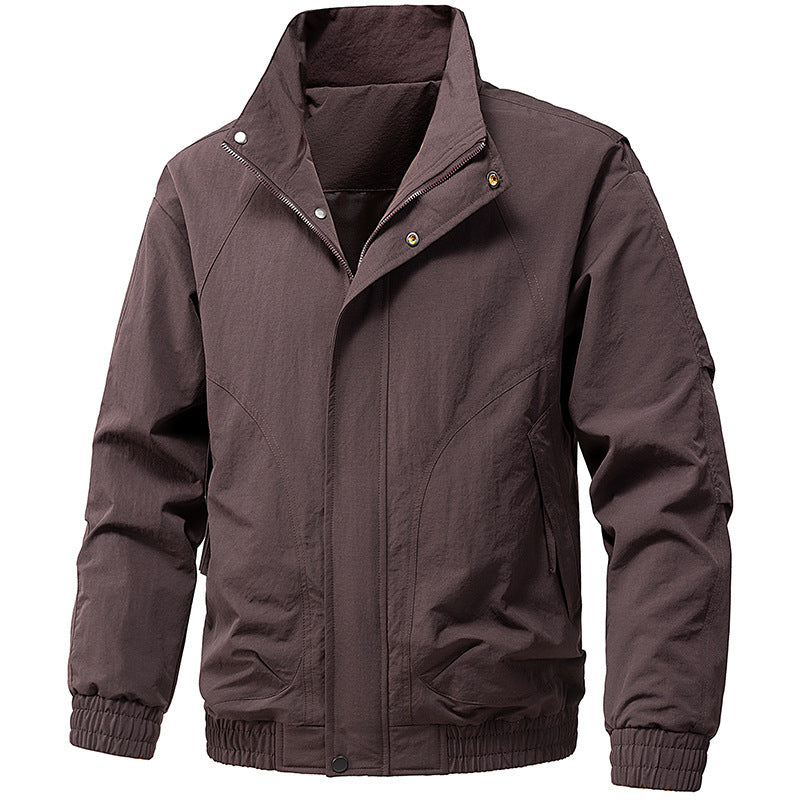Men's Windproof Utility Bomber Jacket with Stand Collar, Elastic Cuffs, and Concealed Zipper Shop Velvia