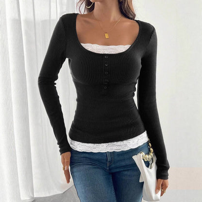 Women’s ribbed top with deep scoop neckline, decorative button placket and lace insert Shop Velvia
