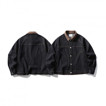 Unisex Boxy Denim Jacket with Cord Collar, Contrasting Decorative Seams and Press Stud Placket Shop Velvia