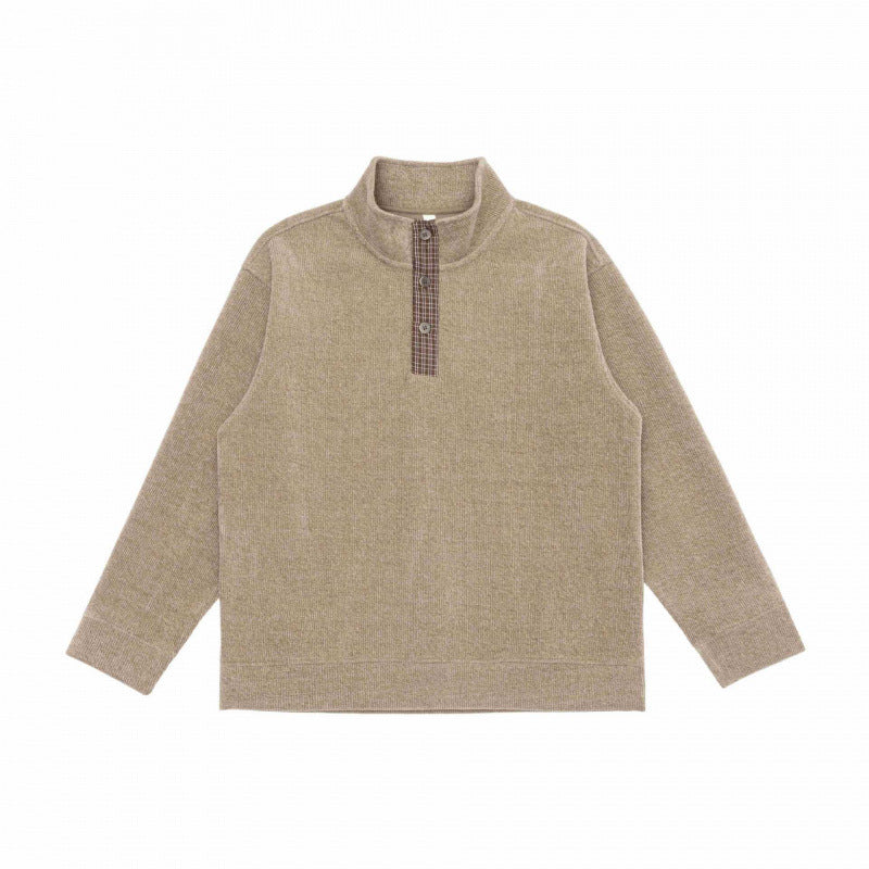 Unisex Boxy Knit Sweater with Half Button Placket and Stand-Up Collar Shop Velvia