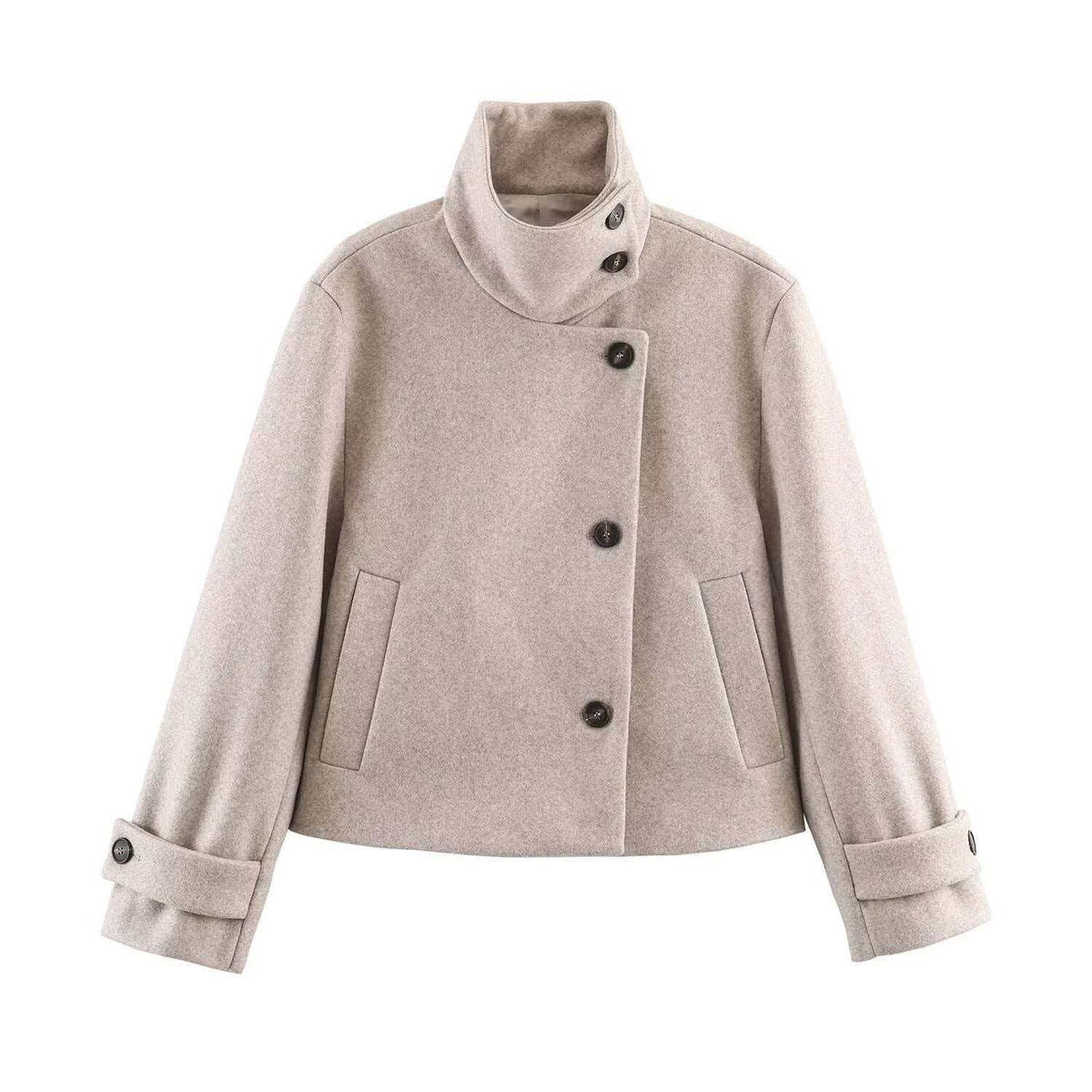 Ladies' short wool coat with high stand-up collar, asymmetrical button placket, and adjustable cuff straps Shop Velvia