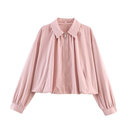 Women's cropped blouse with shirt collar, front zipper and gathered sleeve cuffs Shop Velvia