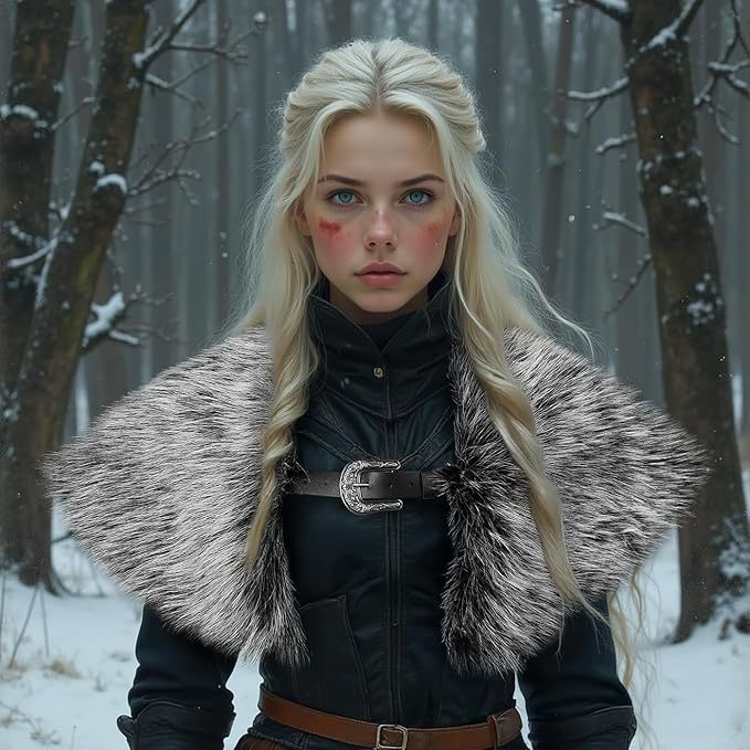 Ladies' coat cape made of faux fur with large shoulder collar and decorative buckle appliqué Shop Velvia