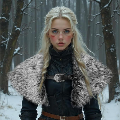 Ladies' coat cape made of faux fur with large shoulder collar and decorative buckle appliqué Shop Velvia