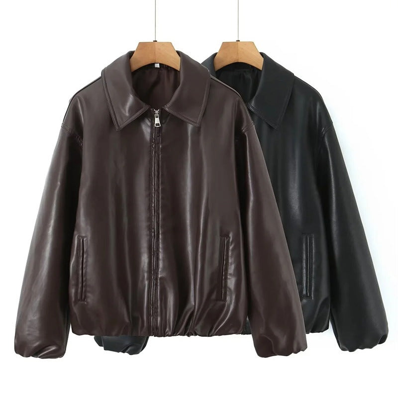 Women's Oversize Faux Leather Bomber with Shirt Collar, Concealed Zipper and Balloon Sleeves Shop Velvia