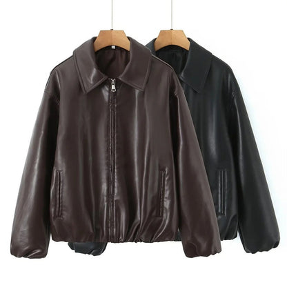 Women's Oversize Faux Leather Bomber with Shirt Collar, Concealed Zipper and Balloon Sleeves Shop Velvia