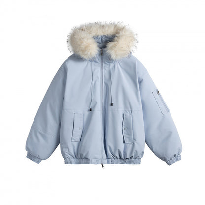 Women's Padded Bomber Jacket with Faux Fur Hood, Boxy Cut and Utility Pockets Shop Velvia