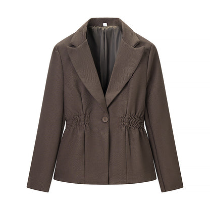 Women Tailored Structured Single-Button Blazer with Gathered Waist and Light Padding Shop Velvia
