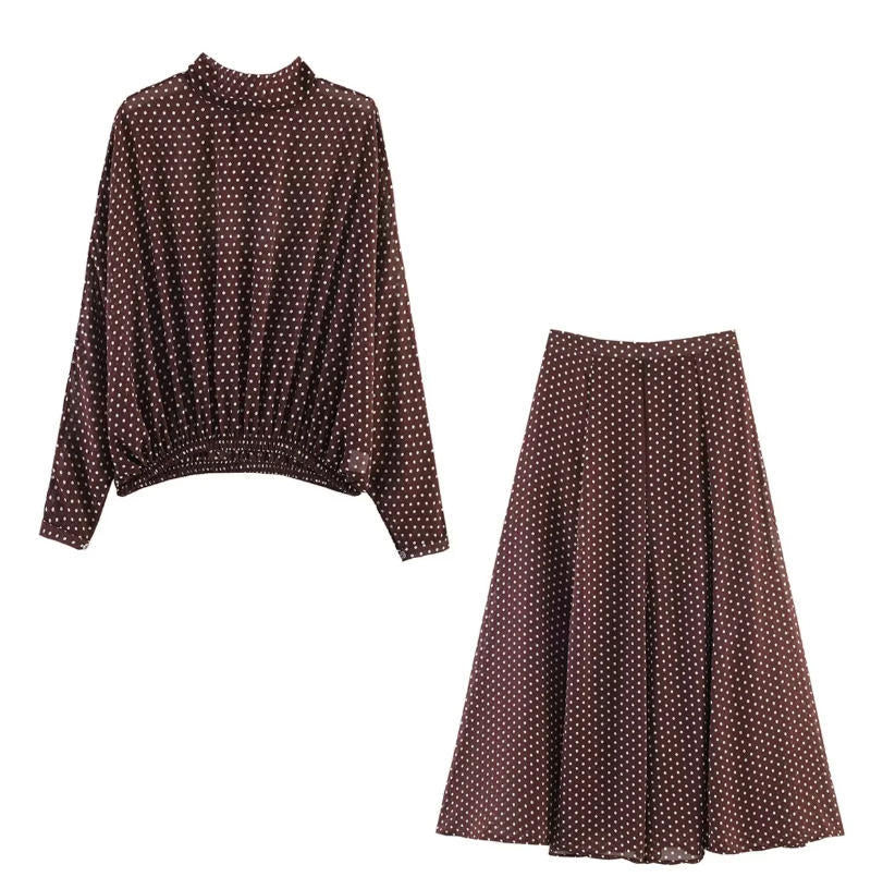 Women's Two-Piece Polka Dot Set with Stand Collar Blouse and Flared Midi Skirt Shop Velvia