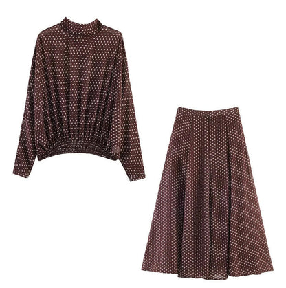 Women's Two-Piece Polka Dot Set with Stand Collar Blouse and Flared Midi Skirt Shop Velvia