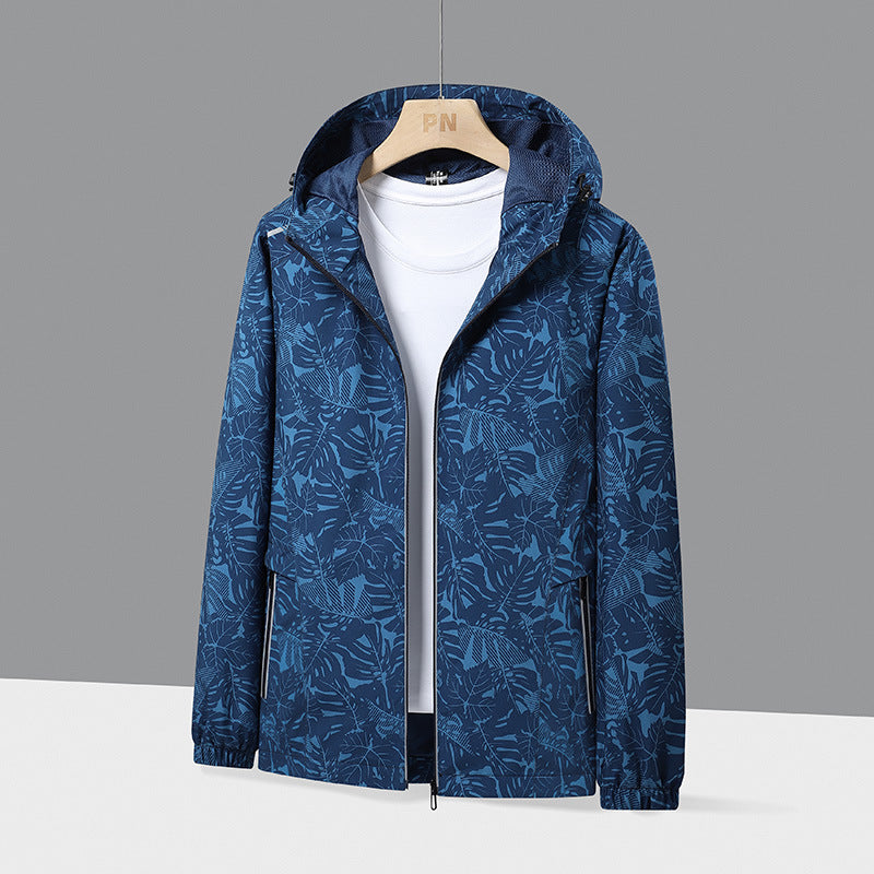 Men's Lightweight Hooded Windbreaker with Botanical Allover Print and Elastic Cuffs Shop Velvia