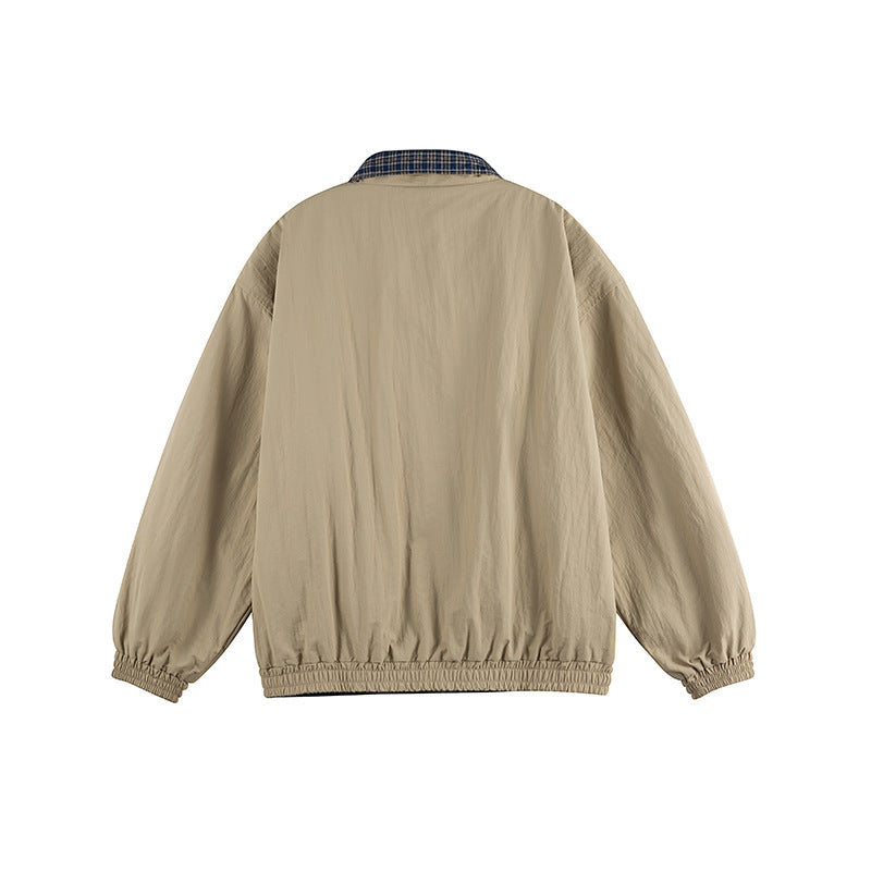 Unisex Lightweight Oversized Zip Jacket in Bomber Style with Checkered Collar and Elastic Cuffs Shop Velvia
