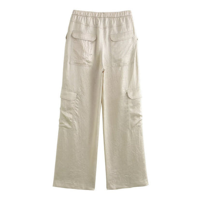 Women's Wide Cargo Pants with Elastic Waistband and Flap Pockets Shop Velvia