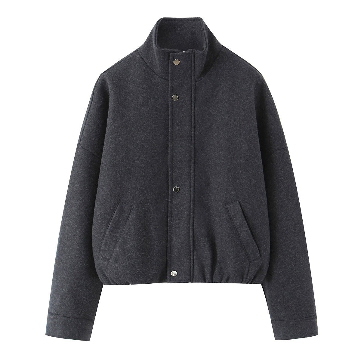 Women's short-cut wool blouson jacket with stand-up collar, snap button placket, and elastic hem Shop Velvia