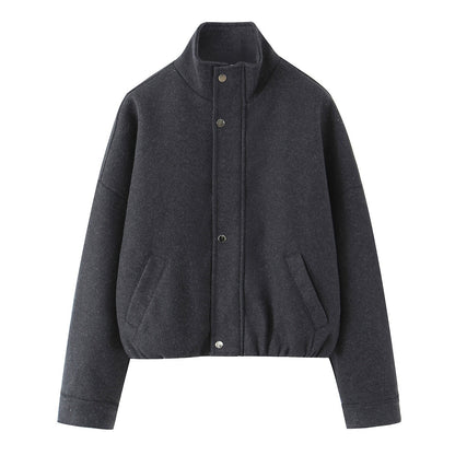 Women's short-cut wool blouson jacket with stand-up collar, snap button placket, and elastic hem Shop Velvia
