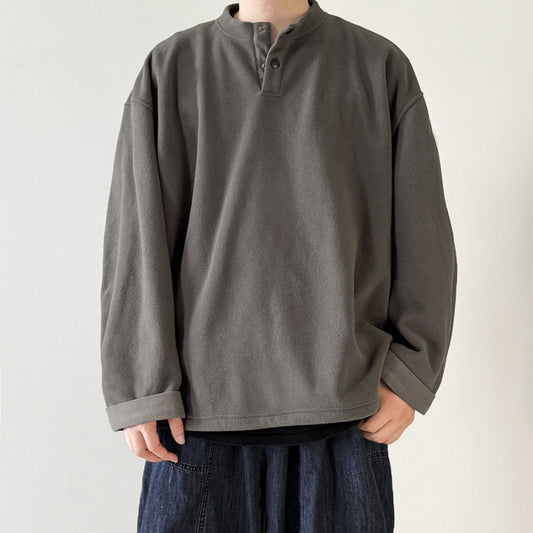 [Unisex] Oversize-Fleece-Henley-Pullover with half button placket, drawstring hem, and rolled sleeves Shop Velvia