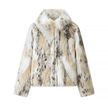 Women Short Faux Fur Jacket with Stand-Up Collar and Boxy, Cropped Cut Shop Velvia