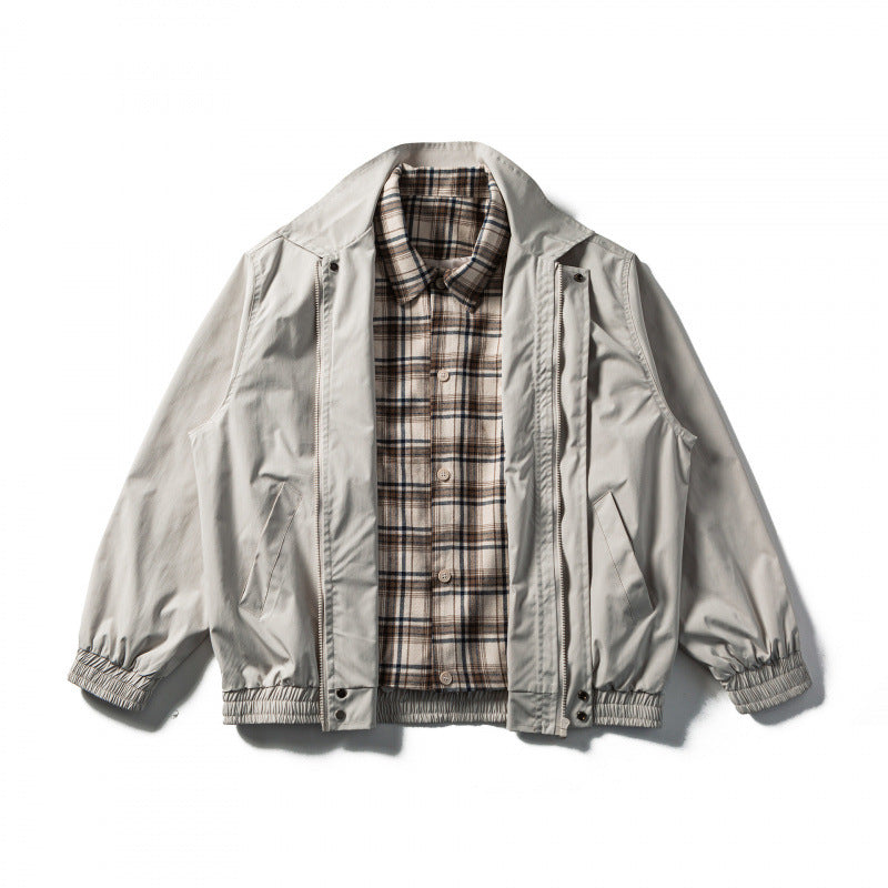 Men's Short Cut Boxy Transition Jacket with Checked Collar and Elastic Hem Shop Velvia