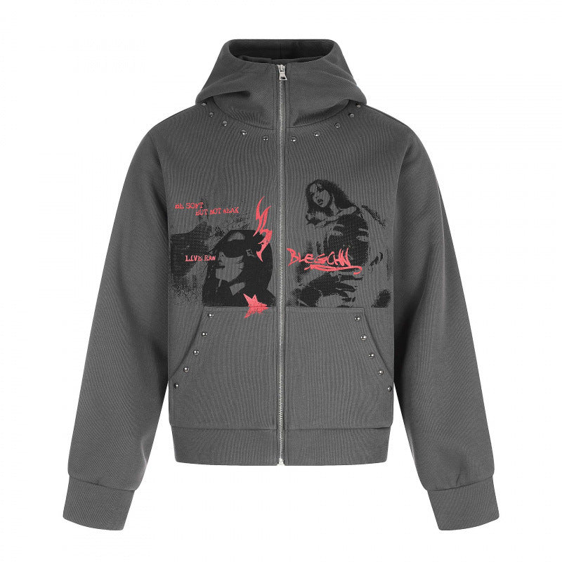 Unisex Oversize Hoodie Sweat Jacket with full zip, studded trim, and graphic front print Shop Velvia