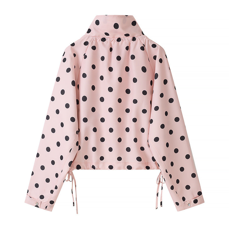 Women's Lightweight Polka Dot Wind Jacket with Stand-Up Collar and Drawstring Shop Velvia