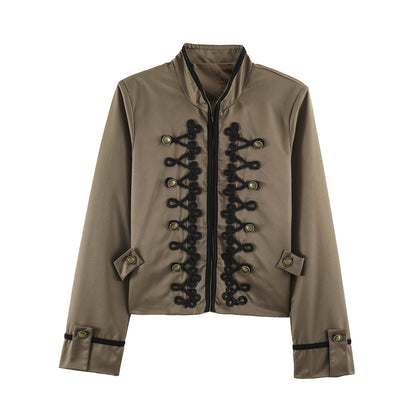 Women's Short Military Style Jacket with Ornamental Cord and Button Decoration Shop Velvia