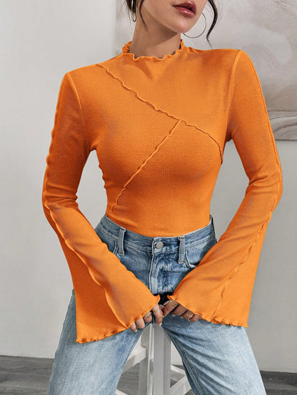 Ladies Fitted Ribbed Long Sleeve Shirt with Stand-up Collar and Ruffled Hem Shop Velvia