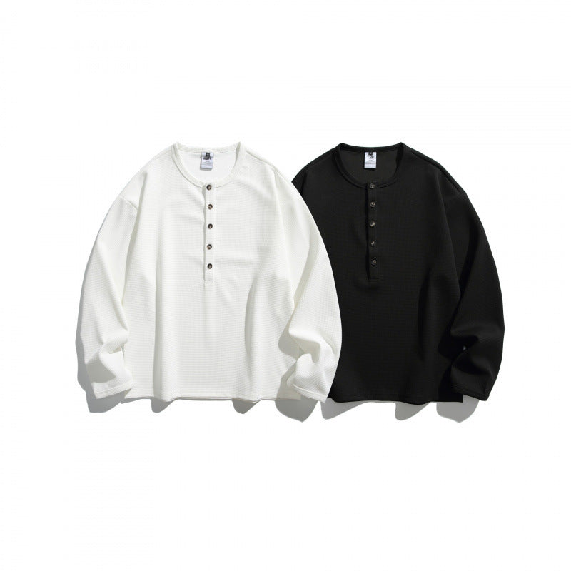 Unisex waffle texture Henley shirt with button placket and oversized fit Shop Velvia