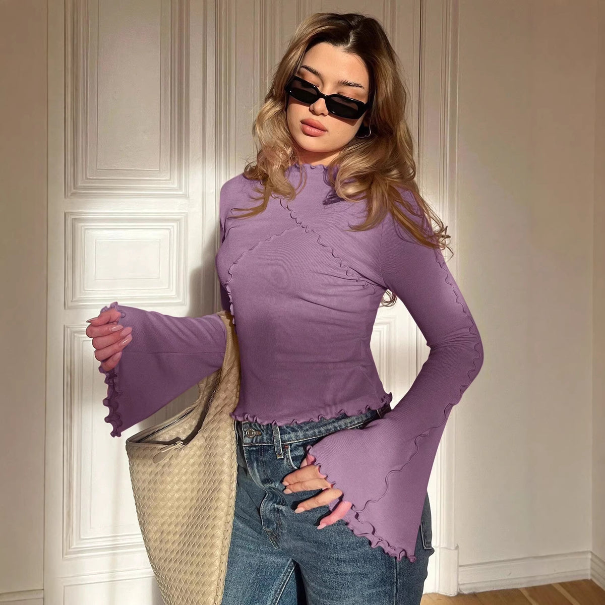 Ladies Fitted Ribbed Long Sleeve Shirt with Stand-up Collar and Ruffled Hem Shop Velvia