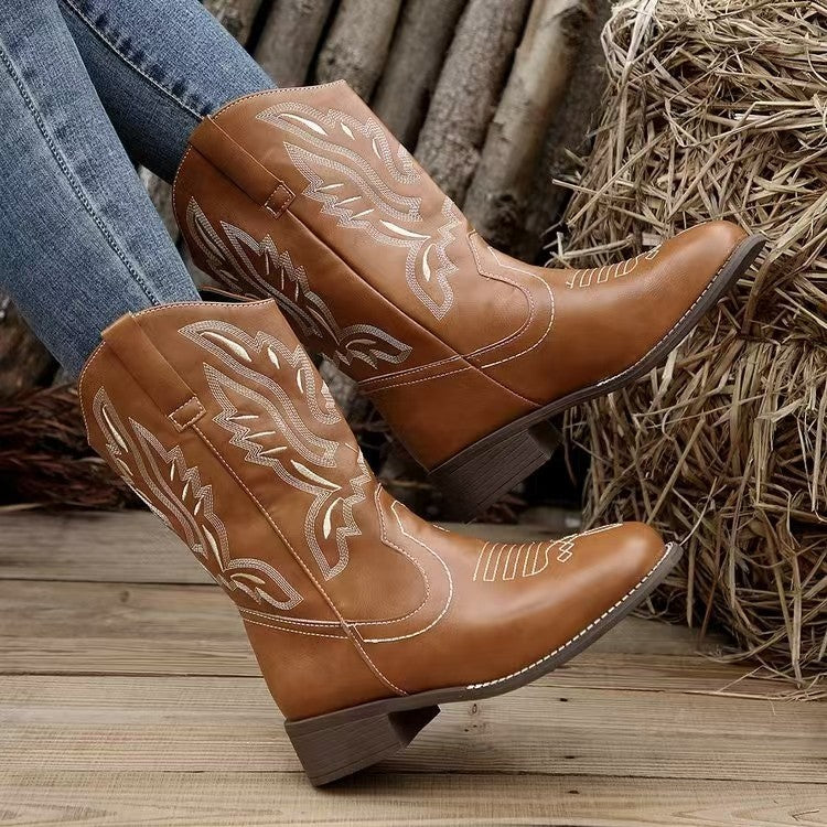 Ladies' Western cowboy boots with pointed toe, embroidered shaft, and medium block heel Shop Velvia
